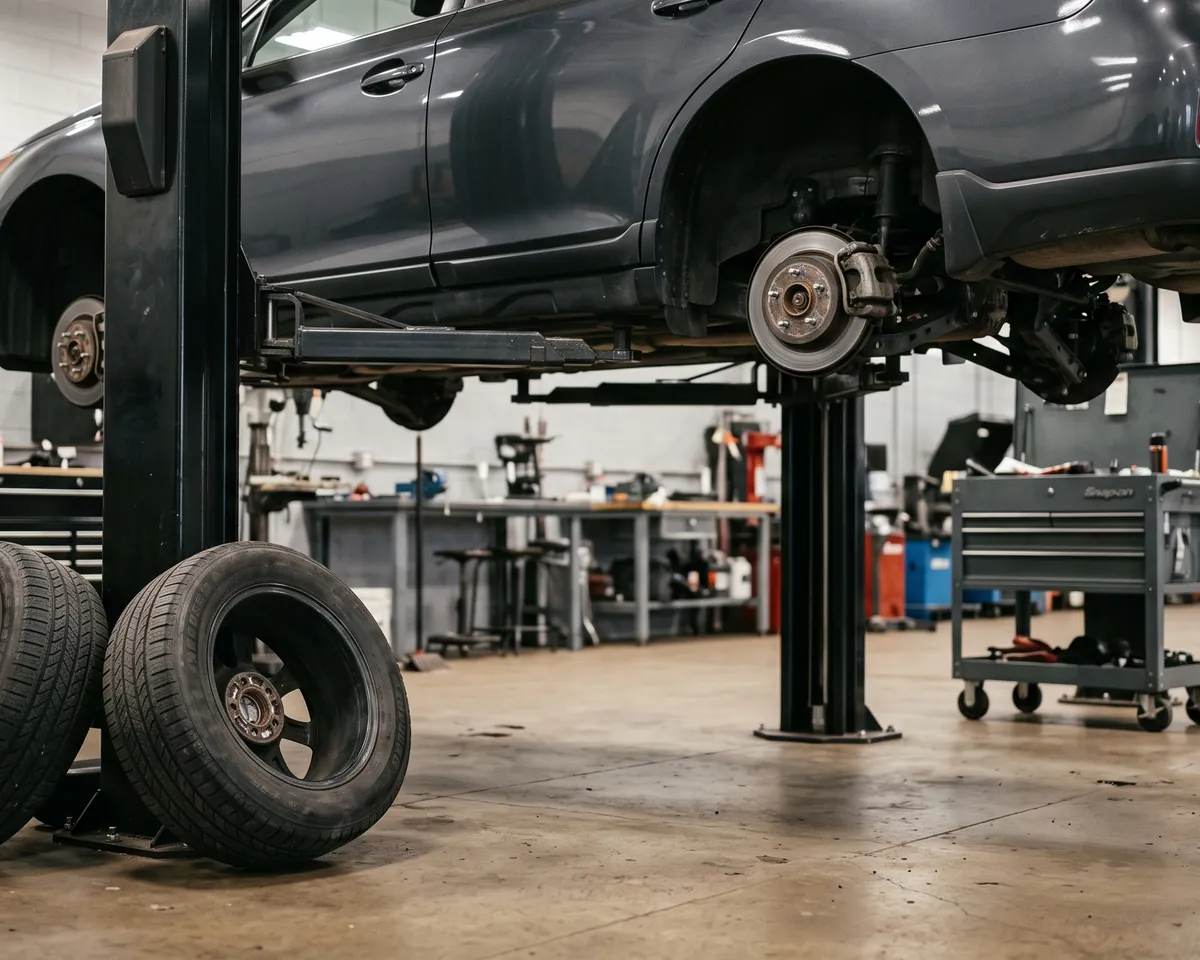 A bay in San Diego with a vehicle on the lift and all four wheels off